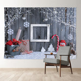Aperturee - Snowman Gift White Grey Wooden Christmas Backdrop