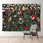 Aperturee - Snowman Gifts Pine Leaves Green Xmas Deco Backdrop
