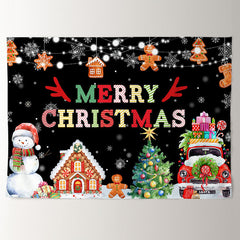 Aperturee - Snowman Gingerman Black Merry Christmas Backdrop