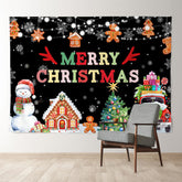 Aperturee - Snowman Gingerman Black Merry Christmas Backdrop