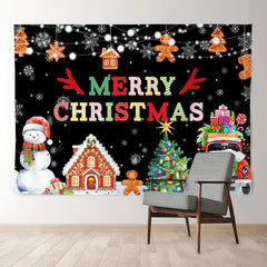 Aperturee - Snowman Gingerman Black Merry Christmas Backdrop