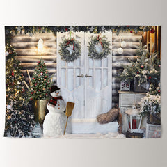 Aperturee - Snowman White Door House Wreath Christmas Backdrop
