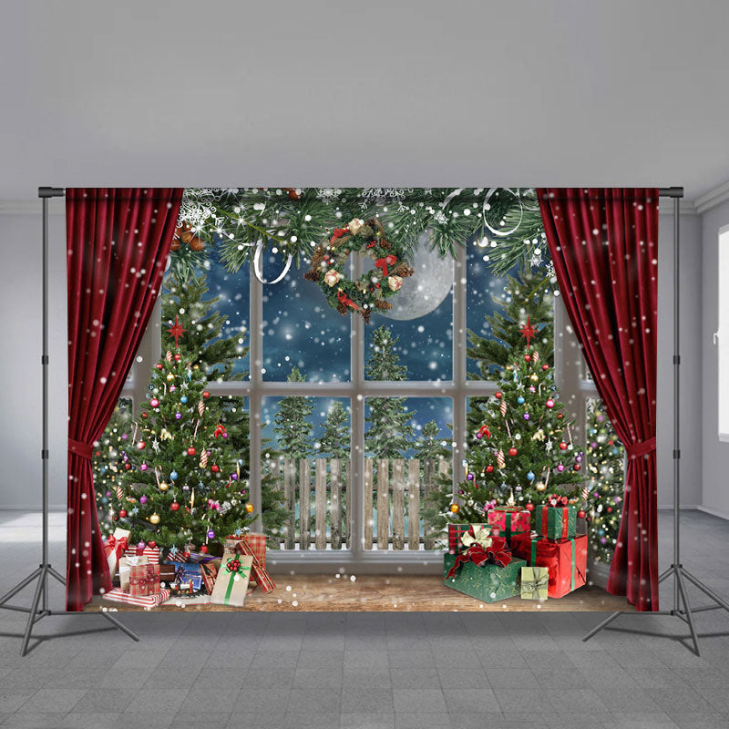 Aperturee - Snowy Christmas Wreath Trees Curtain Backdrop