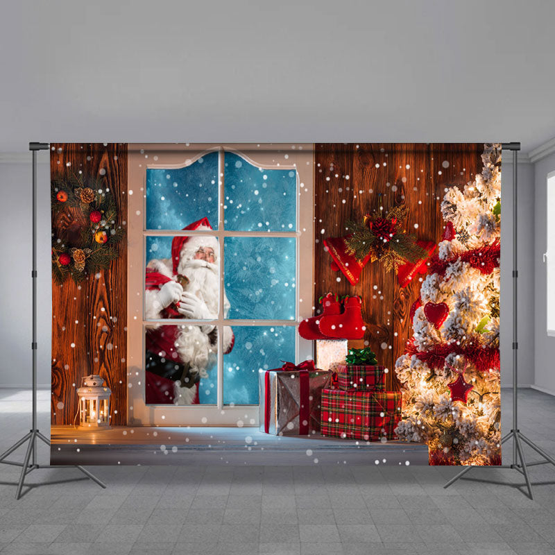 Aperturee - Snowy Light Tree Santa Outside Christmas Backdrop