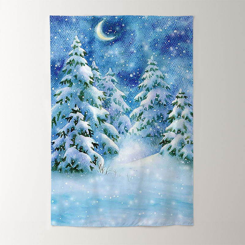 Aperturee - Snowy Moon Night Forest Photobooth Winter Backdrop