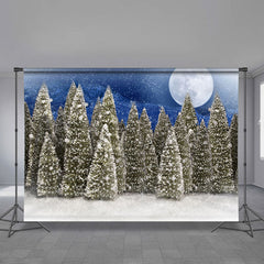 Aperturee - Snowy Pinetree Moon Night Blue Christmas Backdrop