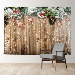 Aperturee - Stars Pine Leaves Snowy Wood Christmas Backdrop