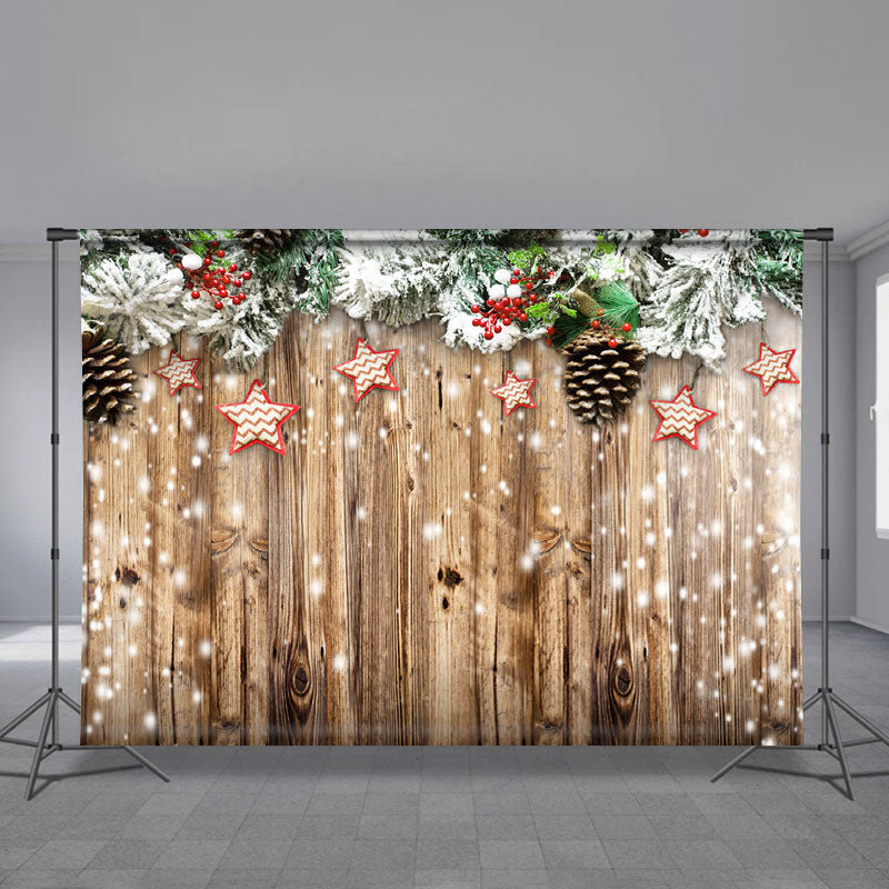Aperturee - Stars Pine Leaves Snowy Wood Christmas Backdrop