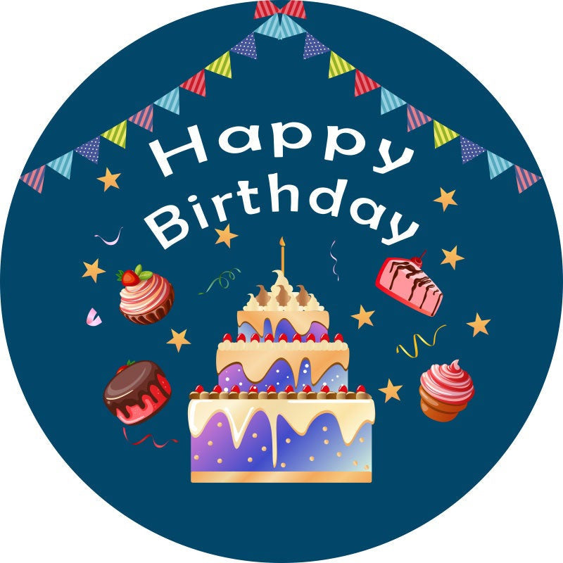 Aperturee - Sweet Cake Flag Round Happy Birthday Backdrop