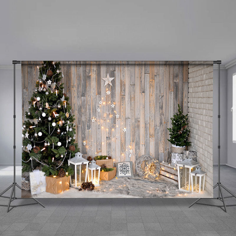 Aperturee - Tree Light Star Theme Wooden Christmas Backdrop