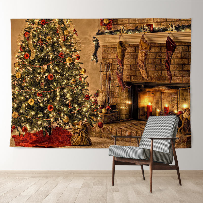 Aperturee - Vintage Fireplace Stocking Tree Christmas Backdrop