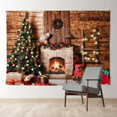 Aperturee - Vintage Wooden Fireplace Tree Christmas Backdrop