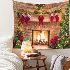 Aperturee - Vintage Xmas Tree Stockings Christmas Fireplace Backdrop