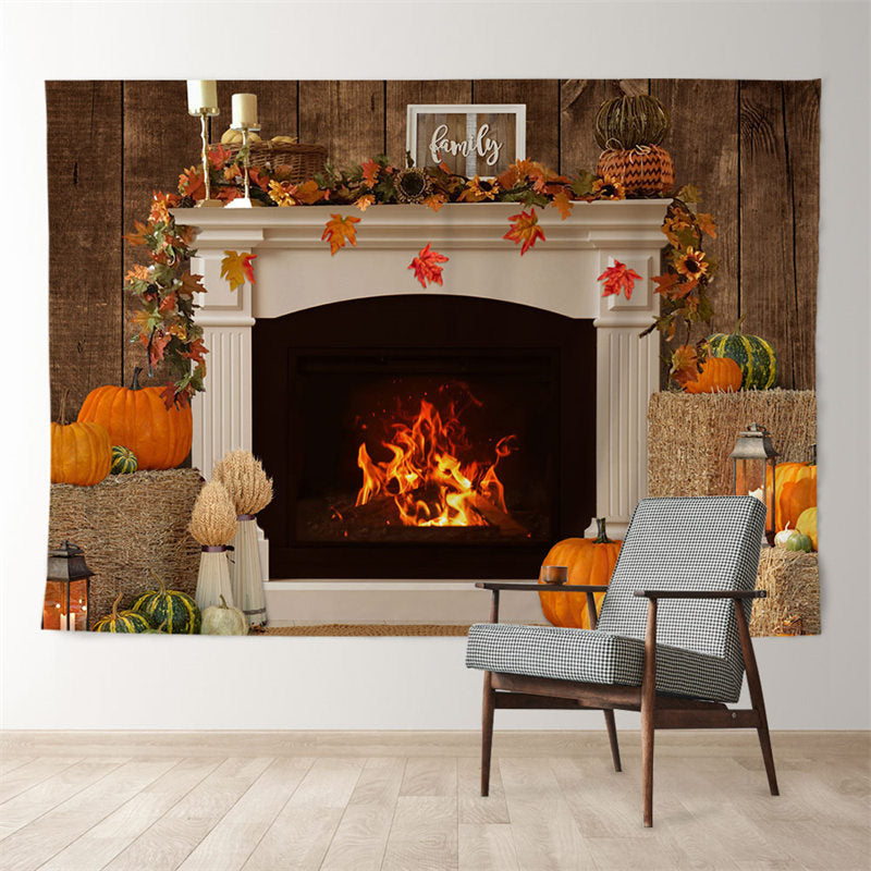 Aperturee - Warm Fireplace Pumpkin Family Christmas Backdrop