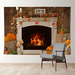 Aperturee - Warm Fireplace Pumpkin Family Christmas Backdrop