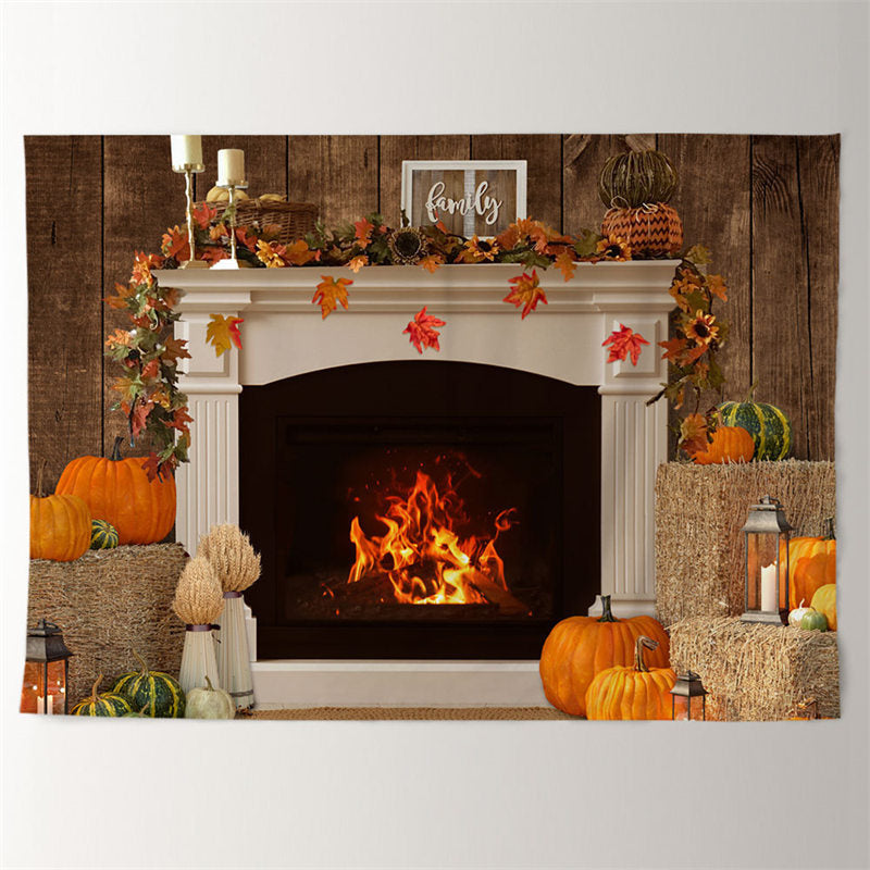 Aperturee - Warm Fireplace Pumpkin Family Christmas Backdrop