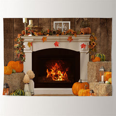 Aperturee - Warm Fireplace Pumpkin Family Christmas Backdrop