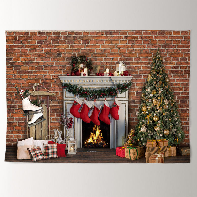 Aperturee - Warm Fireplace Stock Merry Christmas Backdrop
