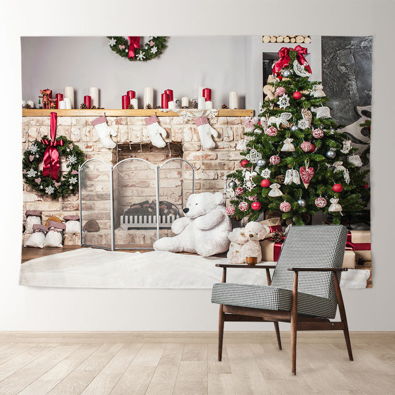 Aperturee - White Bear Fireplace Tree Gift Christmas Backdrop