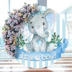 Aperturee - White-Blue Stripe Elephant Round Baby Shower Backdrop