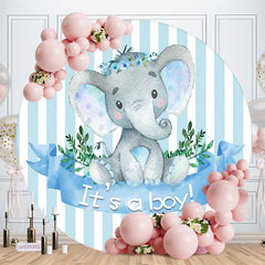 Aperturee - White-Blue Stripe Elephant Round Baby Shower Backdrop