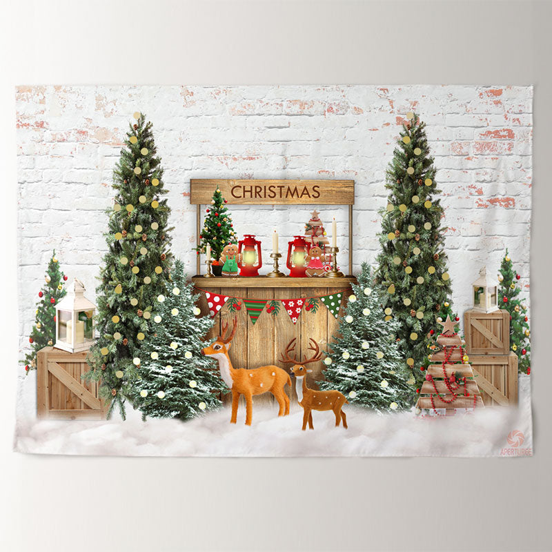 Aperturee - White Brick Wall Deer Tree Christmas Backdrop