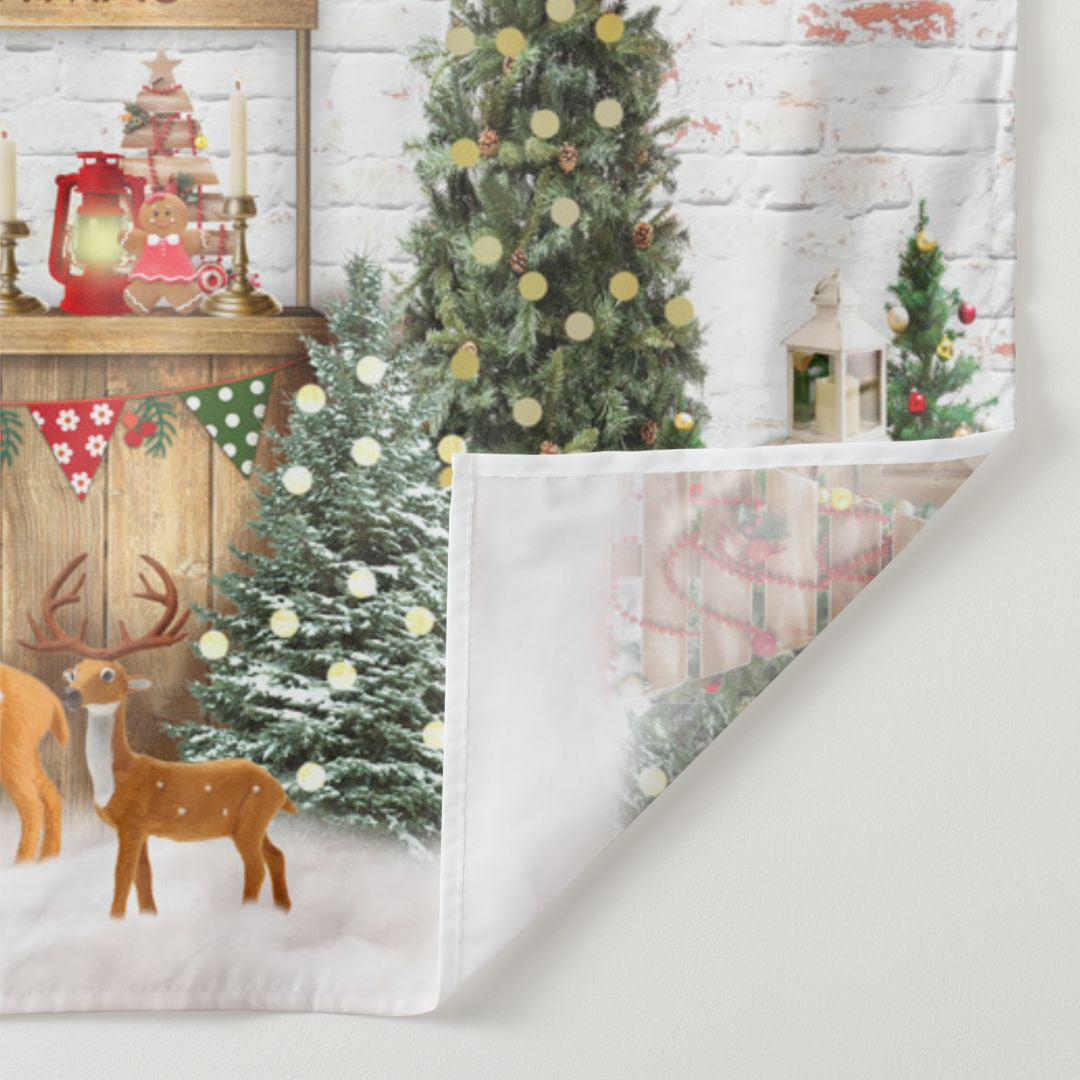 Aperturee - White Brick Wall Deer Tree Christmas Backdrop