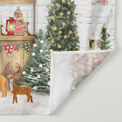 Aperturee - White Brick Wall Deer Tree Christmas Backdrop