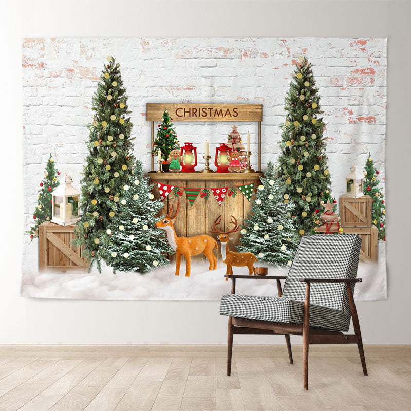 Aperturee - White Brick Wall Deer Tree Christmas Backdrop