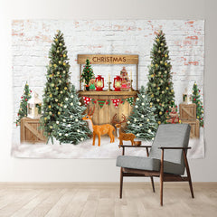 Aperturee - White Brick Wall Deer Tree Christmas Backdrop