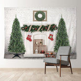 Aperturee - White Brick Wreath Tree Stock Christmas Backdrop