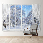 Aperturee - White Curtain Window Snowy Forest Winter Backdrop