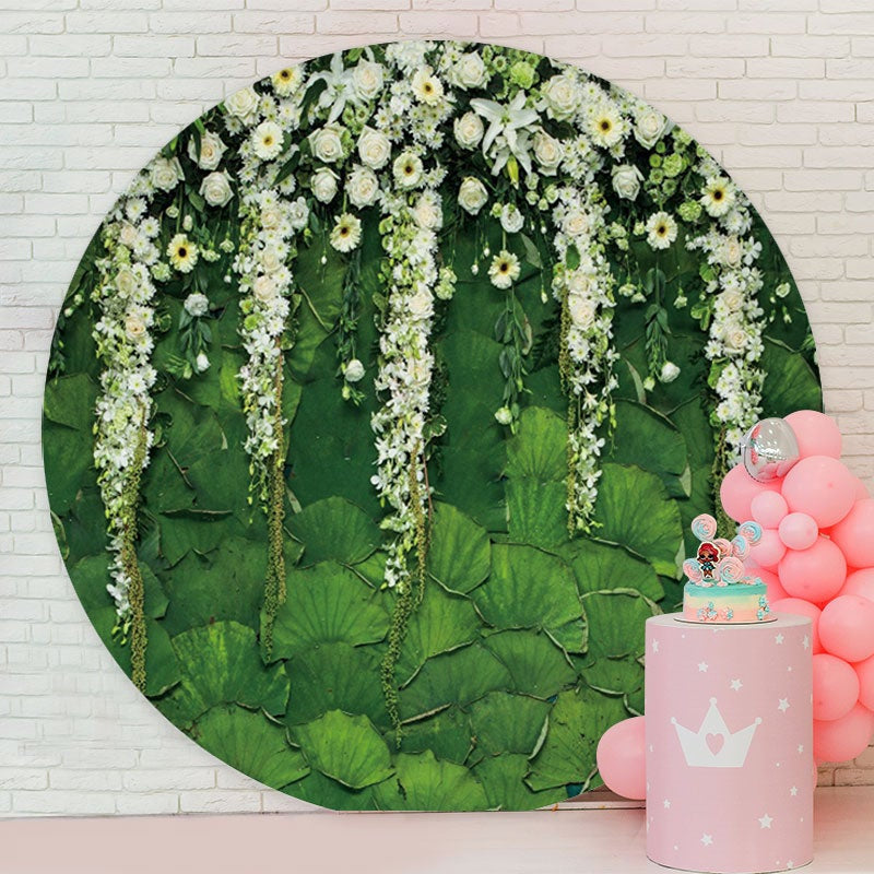 Aperturee - White Floral Round Birthday Scenery Backdrop