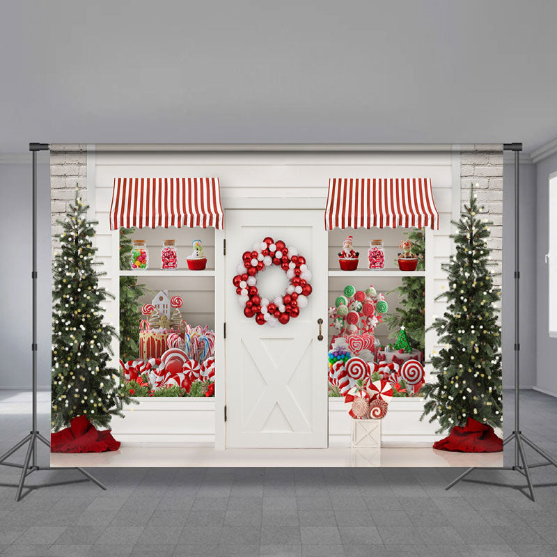 Aperturee - White Lollipop Store Tree Deco Christmas Backdrop
