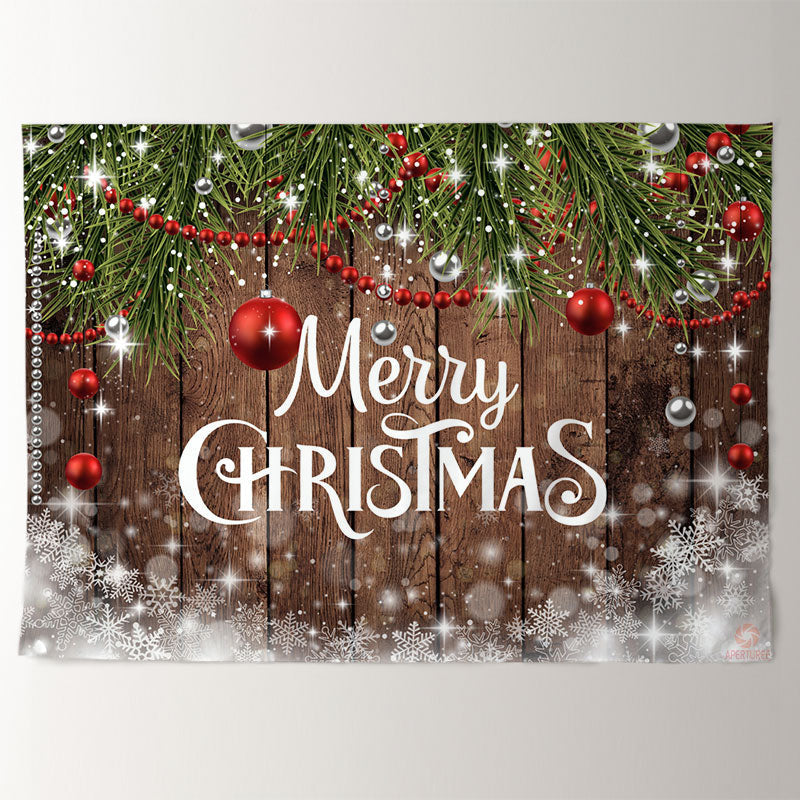 Aperturee - White Merry Christmas Wood Snowy Winter Backdrop