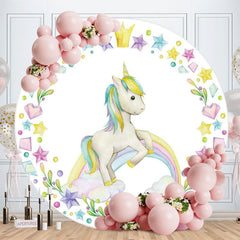 Aperturee - White Unicorn Round Rainbow Birthday Backdrop