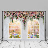 Aperturee - White Wall Pink Floral Spring Backdrop For Wedding