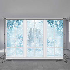 Aperturee - White Window Blue Castle Snowy Winter Backdrop