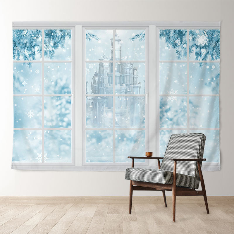Aperturee - White Window Blue Castle Snowy Winter Backdrop