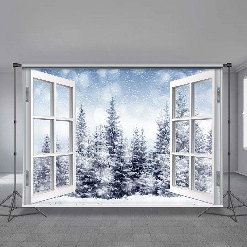Aperturee - White Window Forest Snowy Winter Scene Backdrop