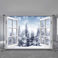 Aperturee - White Window Forest Snowy Winter Scene Backdrop