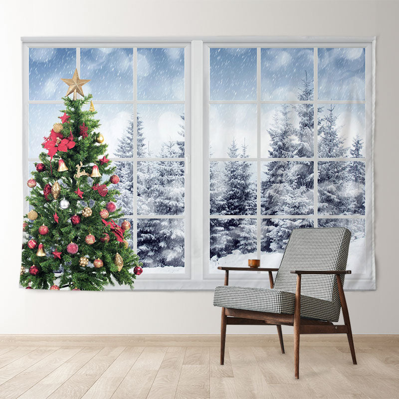 Aperturee - White Window Snowy Forest Christmas Tree Backdrop
