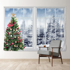 Aperturee - White Window Snowy Forest Christmas Tree Backdrop