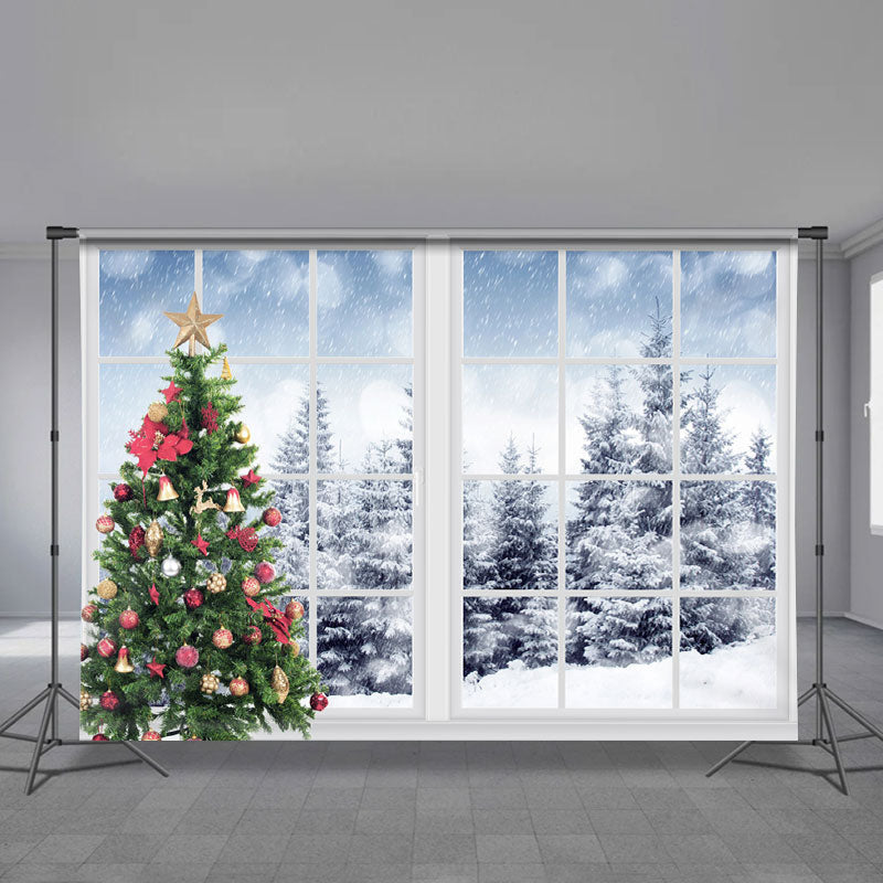 Aperturee - White Window Snowy Forest Christmas Tree Backdrop