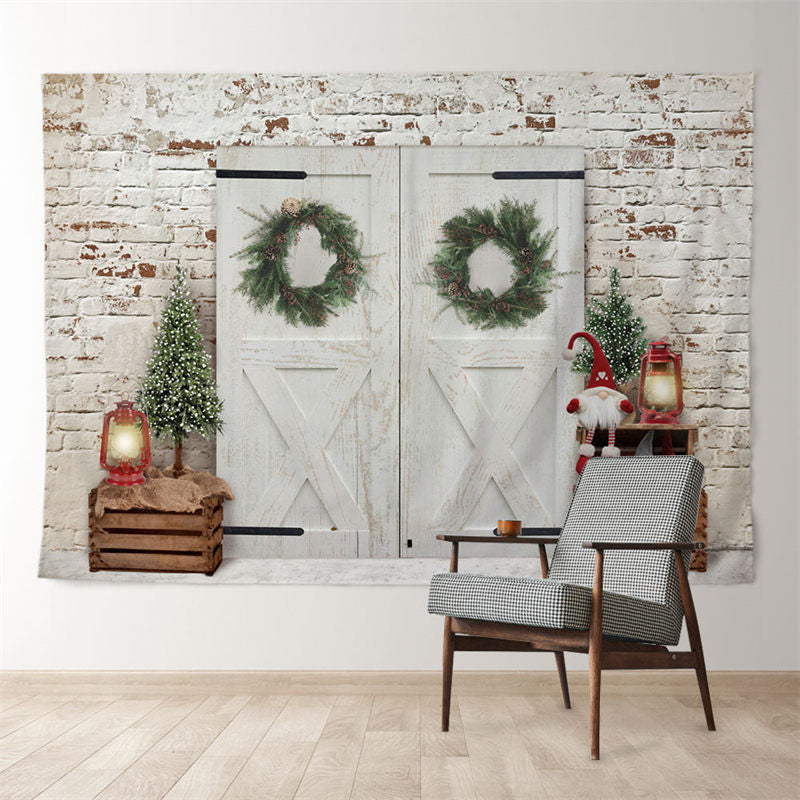 Aperturee - White Wood Door Brick Wall Xmas Scene Backdrop
