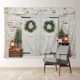 Aperturee - White Wood Door Brick Wall Xmas Scene Backdrop