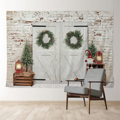 Aperturee - White Wood Door Brick Wall Xmas Scene Backdrop