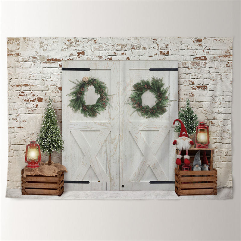 Aperturee - White Wood Door Brick Wall Xmas Scene Backdrop
