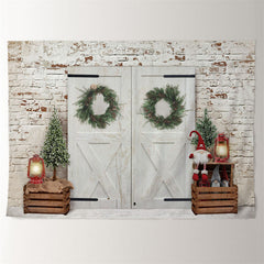 Aperturee - White Wood Door Brick Wall Xmas Scene Backdrop