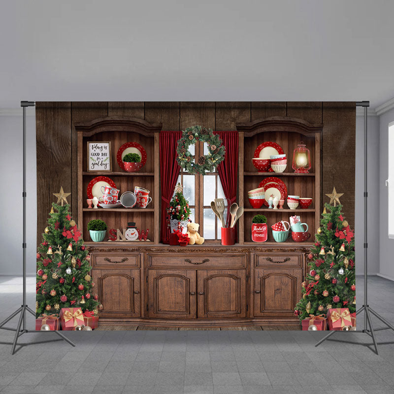 Aperturee - Wood Carbinet Tree Family Deco Christmas Backdrop